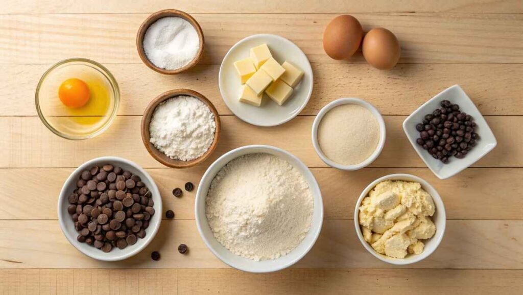 A neatly arranged flat lay of ingredients for eggless chocolate chip cookies, including flour, sugar, butter, vanilla extract, and chocolate chips.