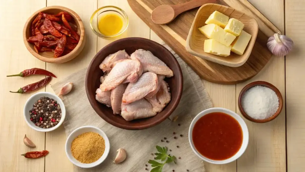 Flat Lay Of Ingredients For Honey Buffalo Wings