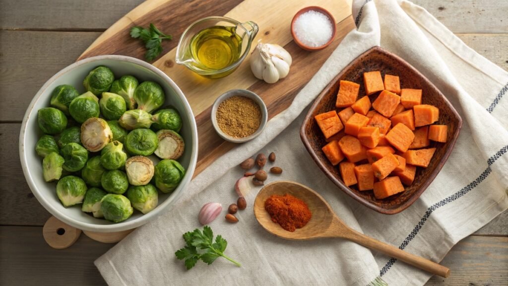 Fresh Ingredients For The Perfect Roasted Brussel Sprouts and Sweet Potatoes