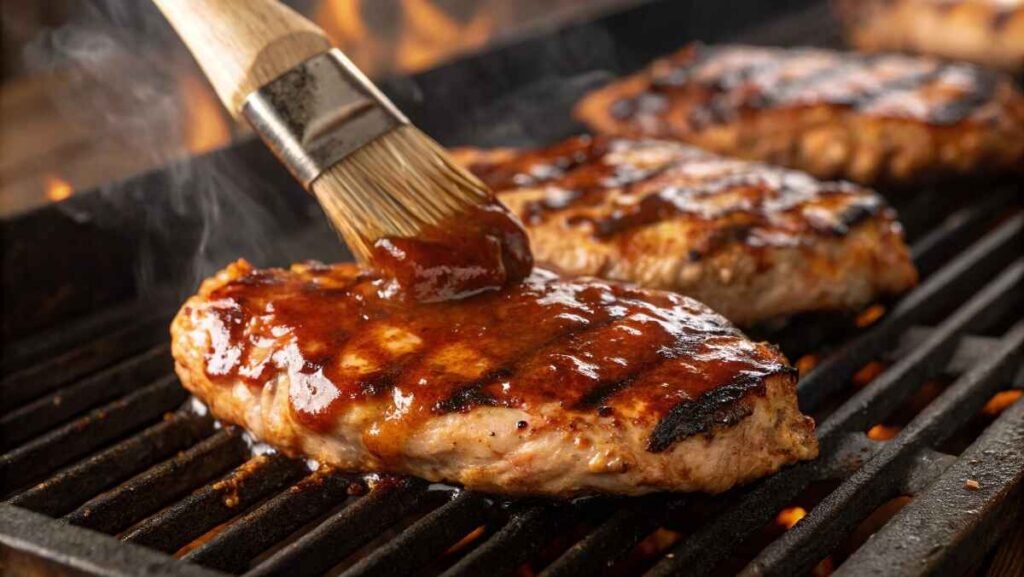 Grilled Chicken Being Basted With Smoky Barbecue Sauce Over An Open Flame, With Grill Marks Visible for BBQ Chicken Sandwich