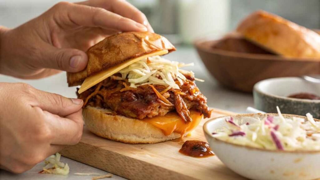 Hands Assembling A Bbq Chicken Sandwich With Layers Of Pulled Chicken, Cheese, And Coleslaw On A Toasted Bun