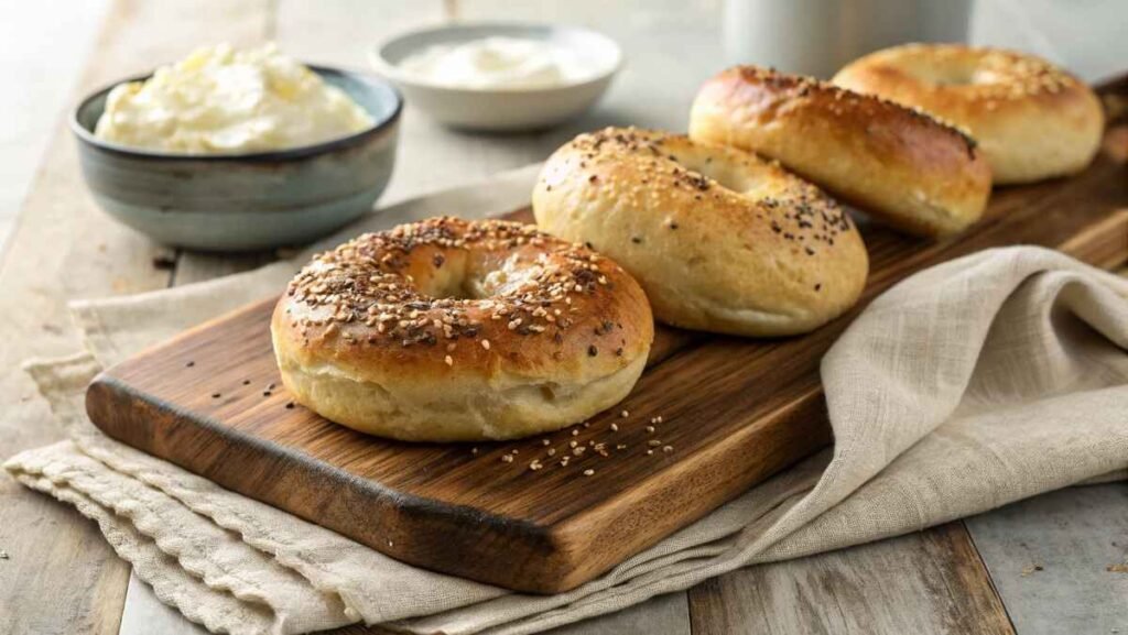 Freshly baked gluten-free bagels with a golden crust, stacked on a rustic wooden surface with a linen napkin beside them.