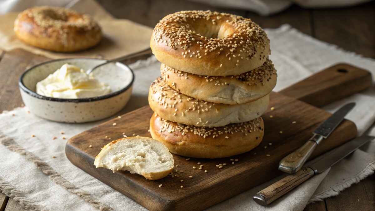 A stack of freshly baked sesame seed bagels with a golden crust, topped with toasted sesame seeds, placed on a rustic wooden surface