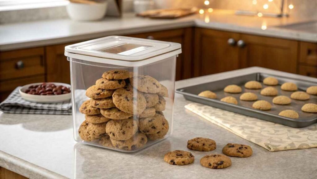 A batch of eggless chocolate chip cookies stored in an airtight container, with some frozen cookie dough balls on a tray beside them.