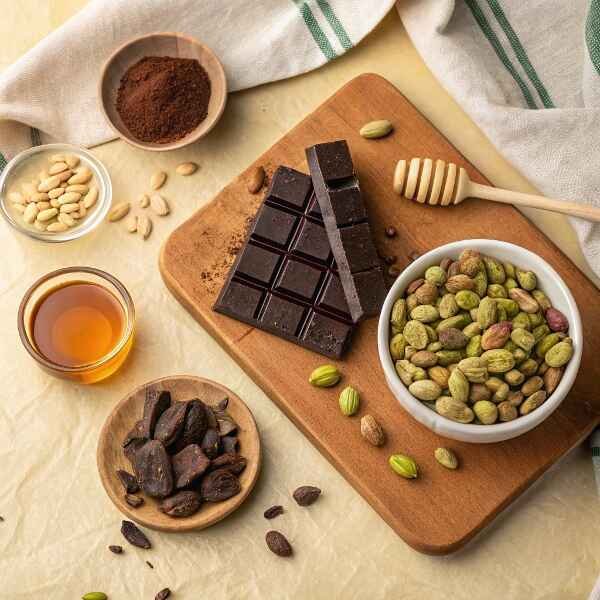 A flat-lay arrangement of high-quality pistachios, dark chocolate chunks, and cocoa butter on a marble countertop for Dubai Pistachio Chocolate Bar