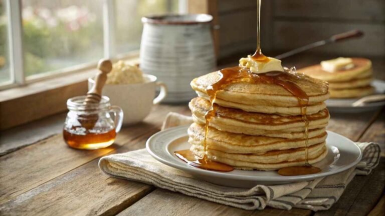 Stack Of Fluffy Cracker Barrel Style Pancakes With Melted Butter And Maple Syrup Dripping Down The Sides On A Rustic Plate