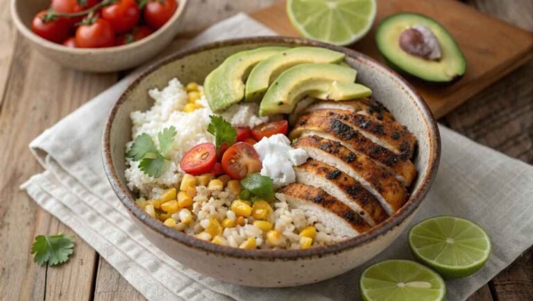 A beautifully plated Street Corn Chicken Rice Bowl featuring grilled chicken, smoky charred corn, fluffy rice, creamy lime crema, cotija cheese, and fresh cilantro.