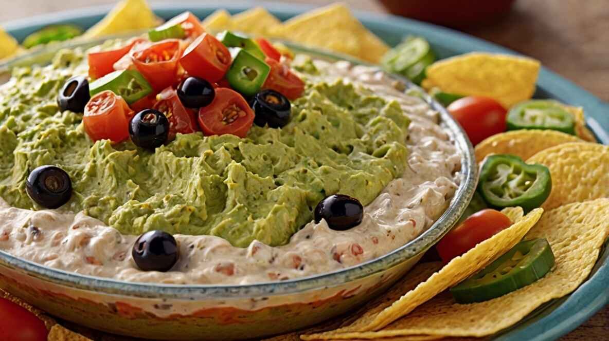 A beautifully layered taco dip with cream cheese, topped with fresh tomatoes, olives, lettuce, and jalapeños, surrounded by crispy tortilla chips in a Mexican-style setting