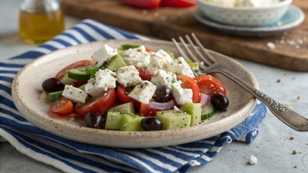 A serving of Ina Garten Greek Salad ready to eat