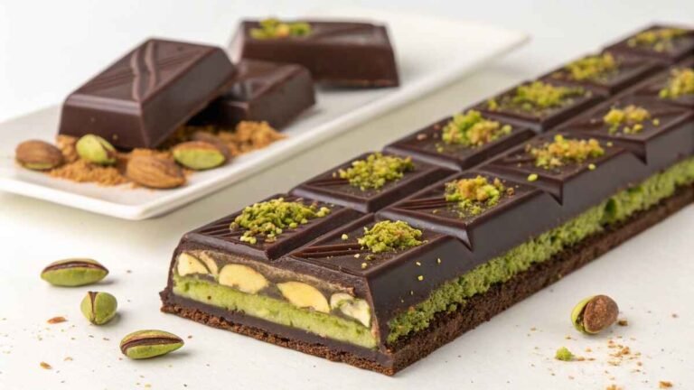 Dubai-style pistachio chocolate bar with a glossy chocolate coating, sprinkled with crushed pistachios, and served elegantly.