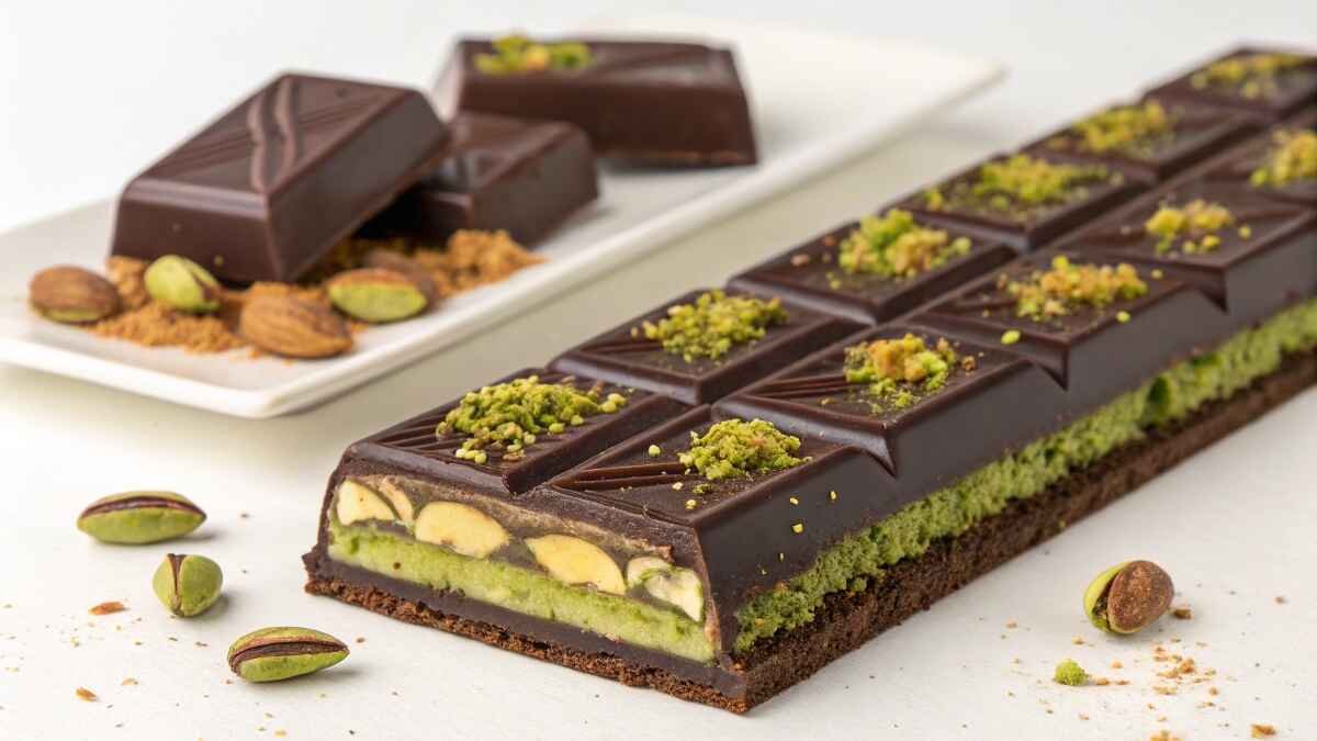 Dubai-style pistachio chocolate bar with a glossy chocolate coating, sprinkled with crushed pistachios, and served elegantly.