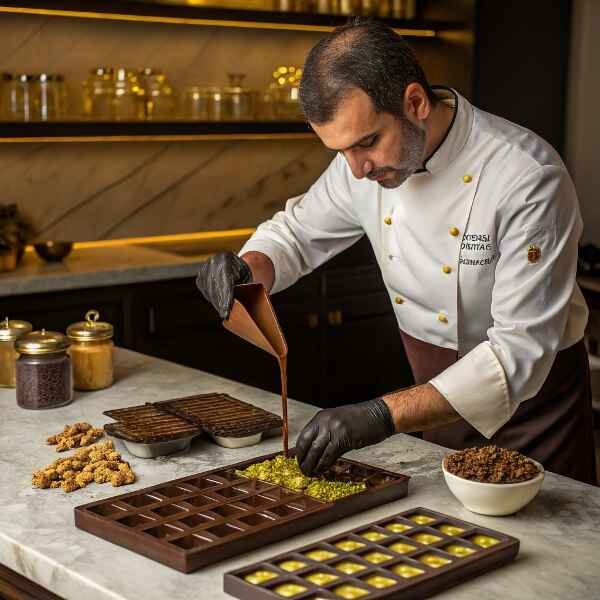 Chocolatier In Dubai Pouring Melted Chocolate Into Molds, Garnishing With Whole Pistachios to do Dubai pistachio chocolate bar