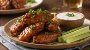 A plate of golden-brown honey buffalo wings coated in a sticky, glossy sauce, garnished with parsley and served with a side of ranch dressing.