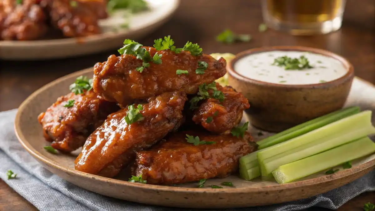 A plate of golden-brown honey buffalo wings coated in a sticky, glossy sauce, garnished with parsley and served with a side of ranch dressing.