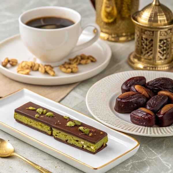 Dubai pistachio Chocolate Bar Elegantly Plated With A Cup Of Arabic Coffee And A Side Of Fresh Dates.