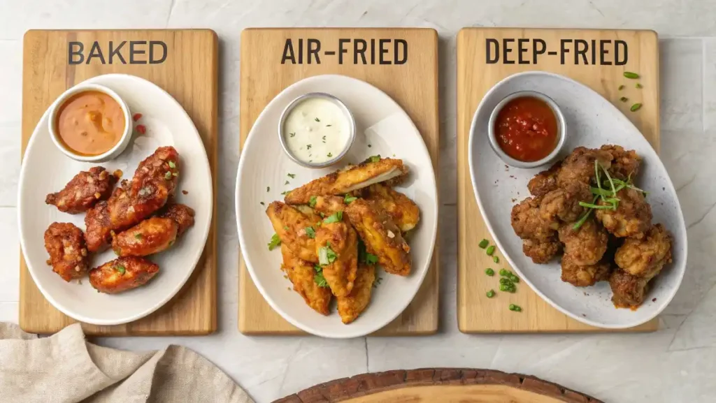 Honey Buffalo Wings Cooked Using Different Methods Baked, Air Fried, And Deep Fried