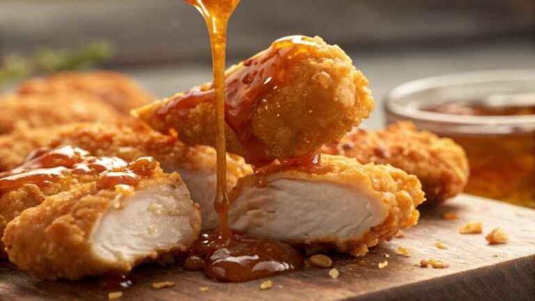crispy hote honey chicken pieces being coated with a rich, glistening hot honey glaze, highlighting textures and vibrant colors
