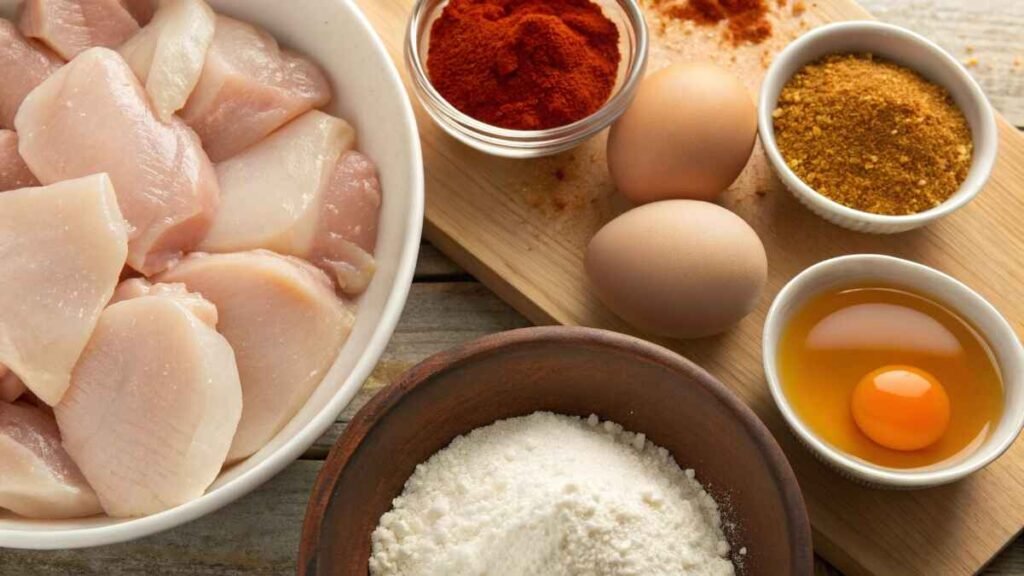 fresh ingredients for hot honey chicken, featuring chicken pieces, buttermilk, eggs, hot sauce, flour, cornstarch, spices, honey, red pepper flakes, and apple cider vinegar