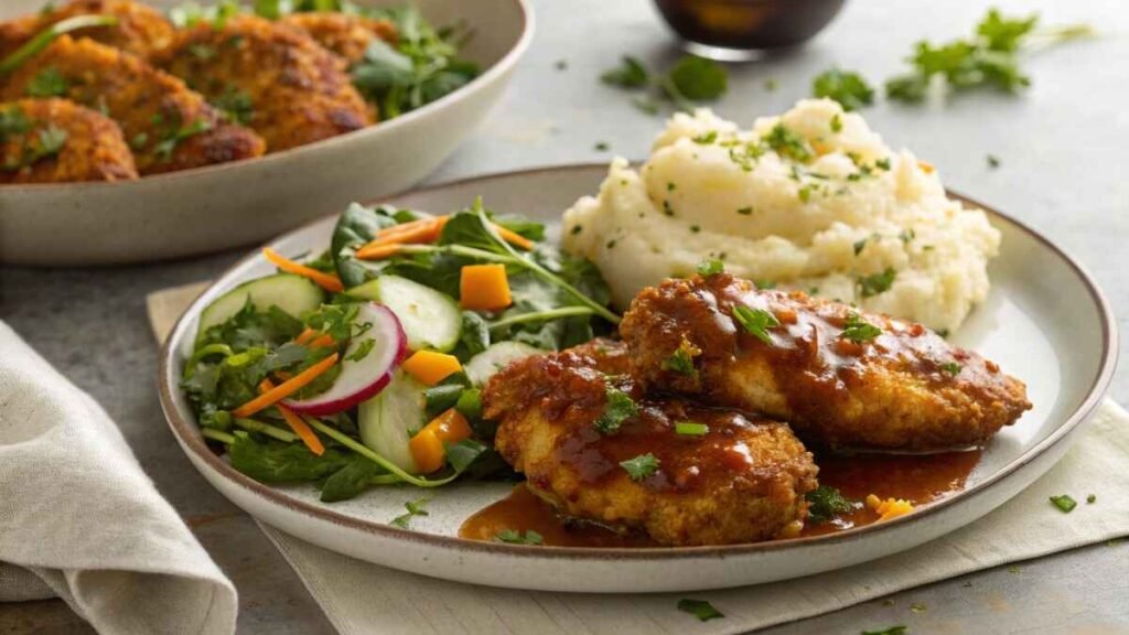 meal featuring crispy hot honey chicken paired with a fresh garden salad and creamy mashed potatoes, elegantly set on a modern table with tasteful garnishes.