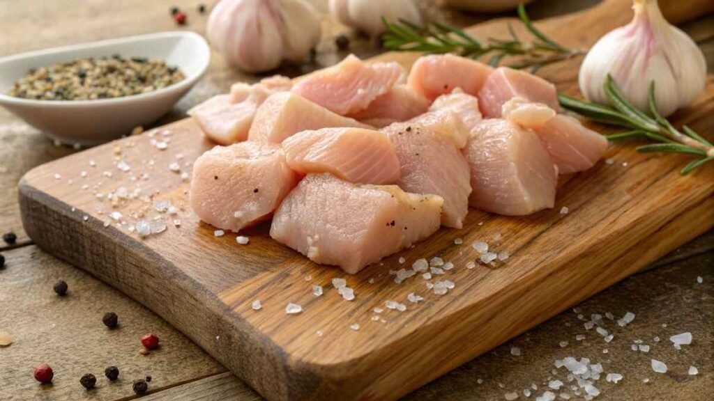 Hot Honey Chicken Step 1, bite-sized chicken pieces on a wooden cutting board, with seasonings like salt, pepper, and garlic powder scattered nearby