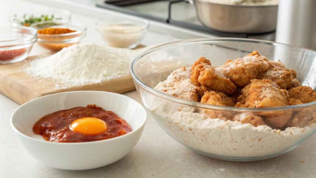 hot honey Chicken pieces being dipped into a bowl of egg and hot sauce mixture and then dredged in a bowl of dry flour, cornstarch, and paprika mixture