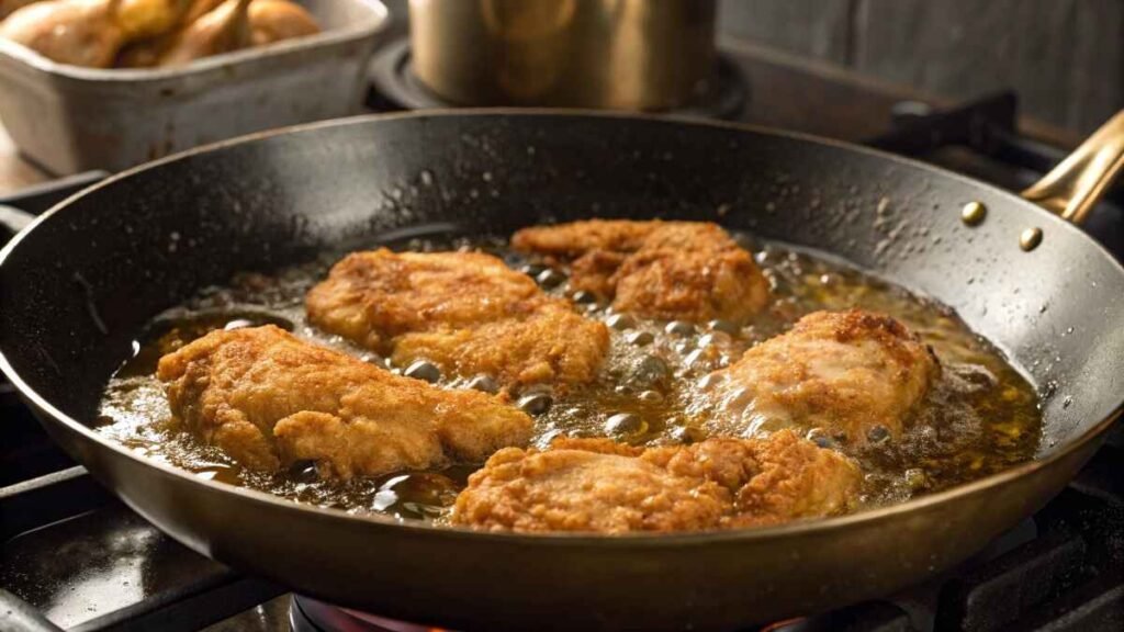 A sizzling skillet with golden brown chicken pieces frying in hot oil, with visible bubbles and a crisp, textured finish for perfect hot honey chicken