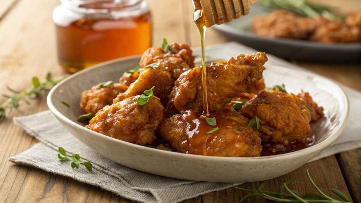 hot honey chicken dish with crispy golden chicken pieces drizzled with glossy hot honey sauce and garnished with fresh herbs