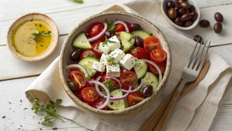 A beautifully plated Ina Garten Greek Salad with fresh ingredients