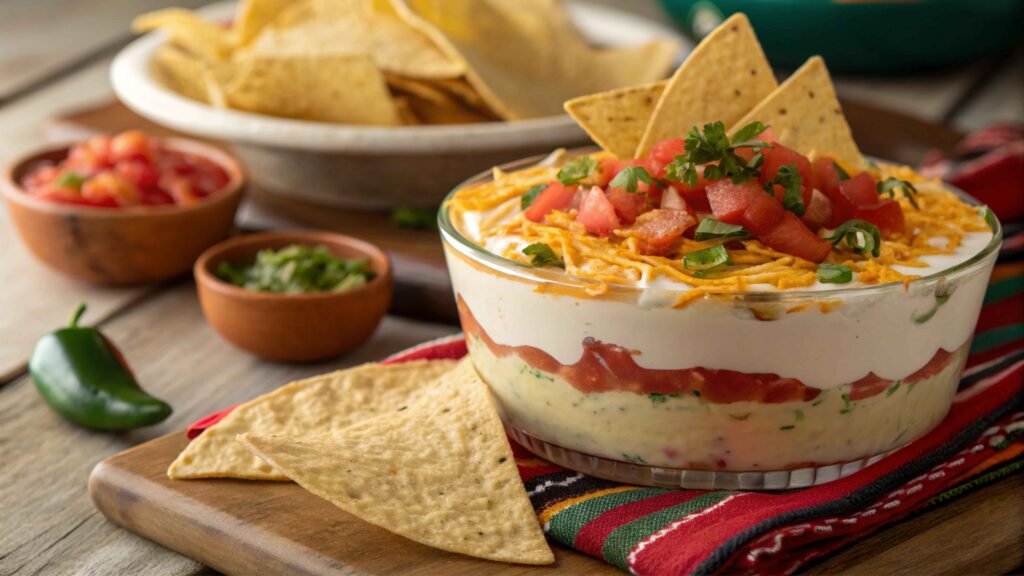 Layered Taco Dip With Cream Cheese, Topped With Fresh Tomatoes, Olives, Lettuce, And Jalapeños, Surrounded By Crispy Tortilla Chips In A Mexican Style Setting