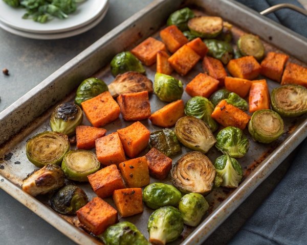 Roasted Of Brussel Sprouts And Sweet Potatoes
