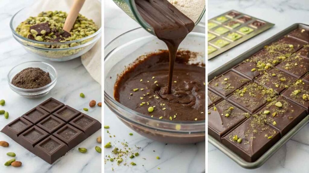 Step By Step Collage Showing The Process Dubai Pistachio Chocolate Bar