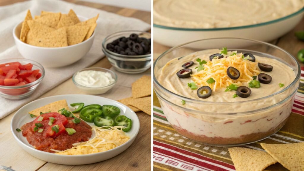 Steps Showing The Process Of Making Taco Dip With Cream Cheese, From Mixing The Base To Adding Toppings And Serving With Chips (2)