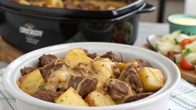 A close-up of a Crockpot filled with loaded steak and potato bake, showing the creamy cheese and tender steak.