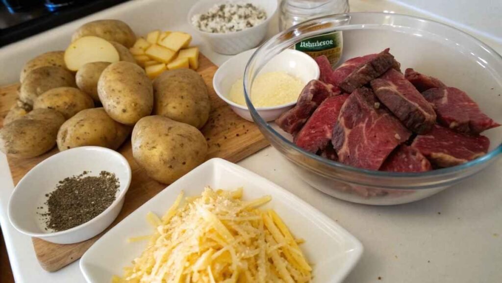 Ingredients laid out for Crockpot Loaded Steak and Potato Bake, including potatoes, steak, cheese, and seasonings.