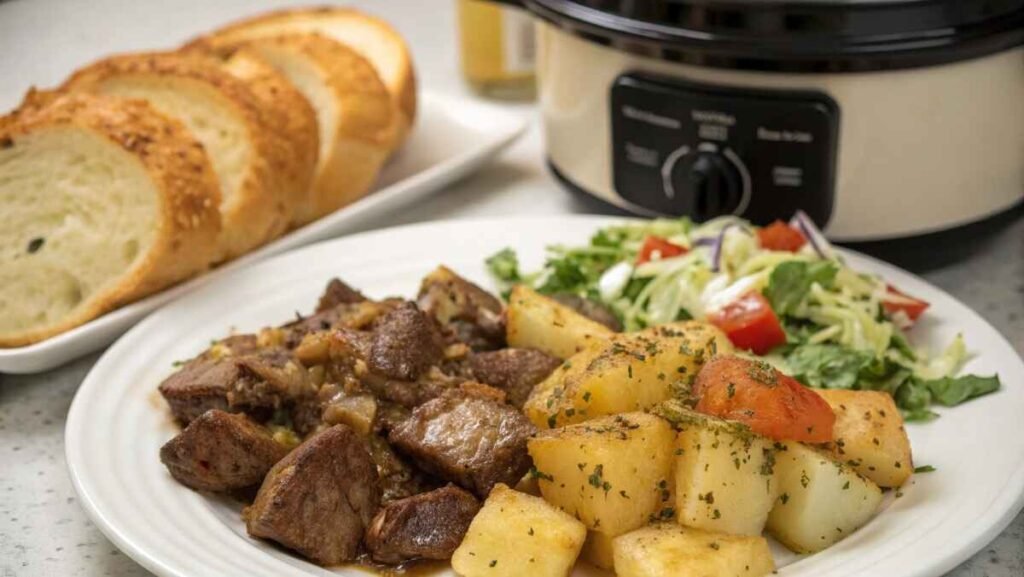 Pairing ideas with Crockpot Loaded Steak and Potato Bake, including a side salad and garlic bread.