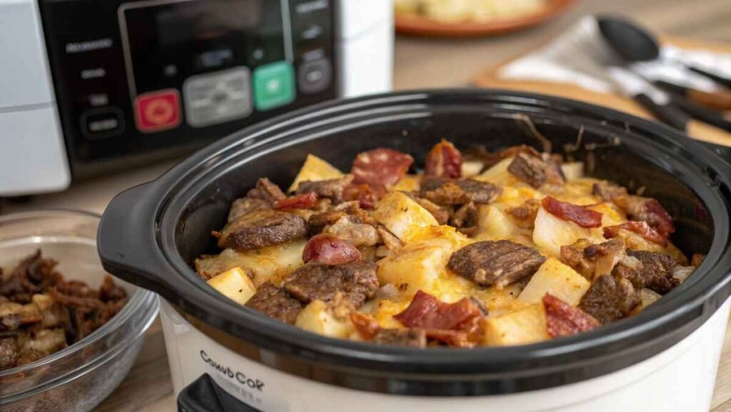 Proper storage methods for Crockpot Loaded Steak and Potato Bake leftovers.