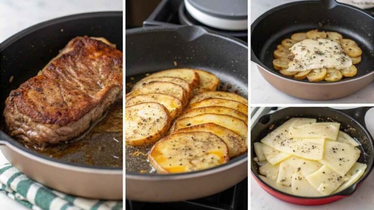 A serving of Crockpot Loaded Steak and Potato Bake on a plate with cheese, steak, and potatoes.