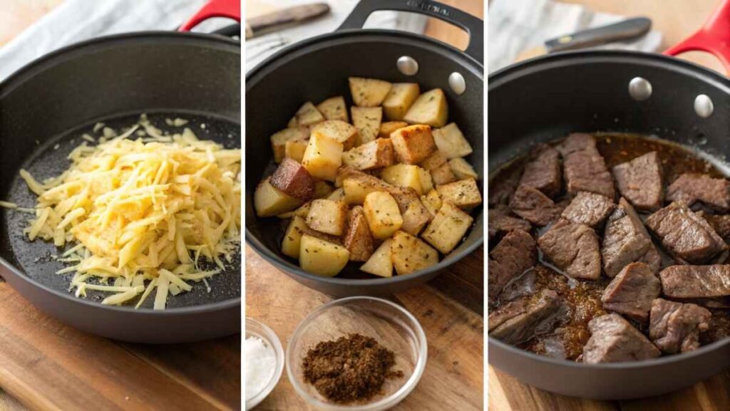 A step-by-step visual of the Crockpot Loaded Steak and Potato Bake recipe.