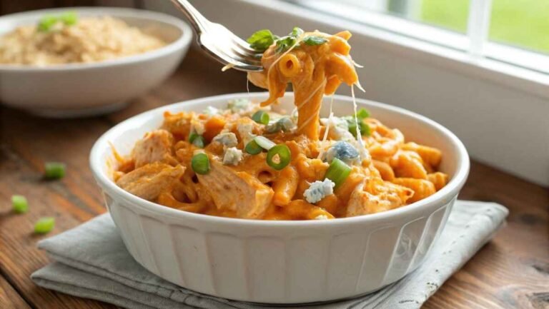 Buffalo chicken mac and cheese served in a white bowl with green onion garnish and blue cheese crumbles
