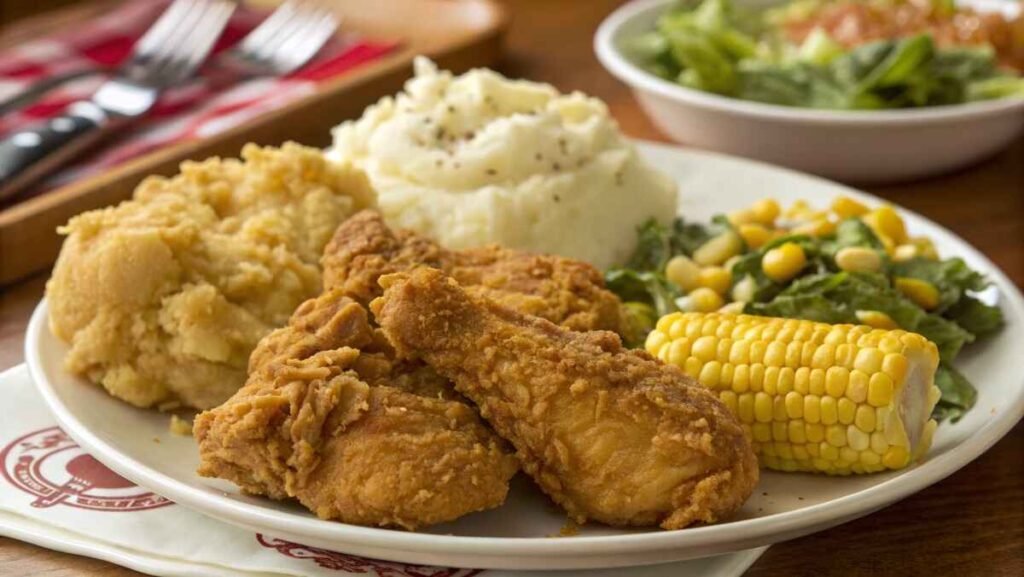 Golden Corral chicken served with mashed potatoes, coleslaw, and fresh parsley garnish, ready to be enjoyed.