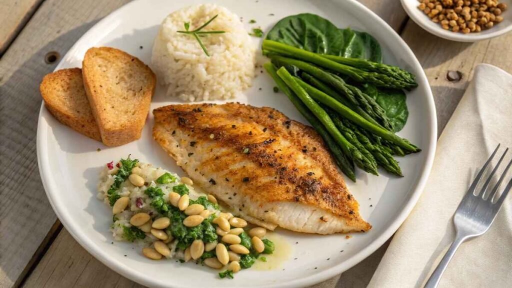 List of recommended side dish combinations for pan-seared tilapia including rice, vegetables, and bread optionsCreate An Overhead Photograph Of A Beautifully Pla (1) (2)