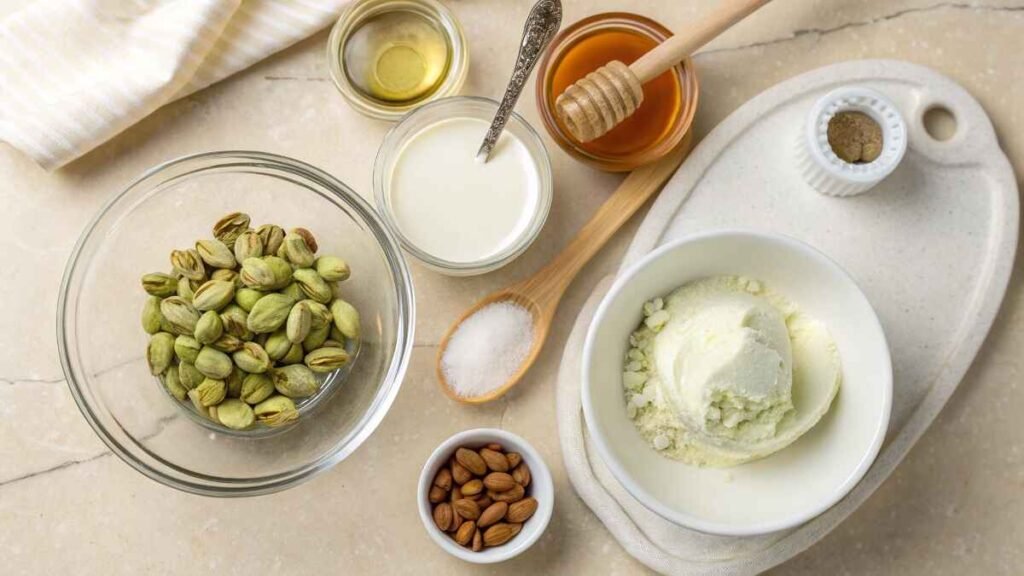 Ultra close-up shot of fresh ingredients for high-protein pistachio ice cream neatly arranged in a familiar kitchen.