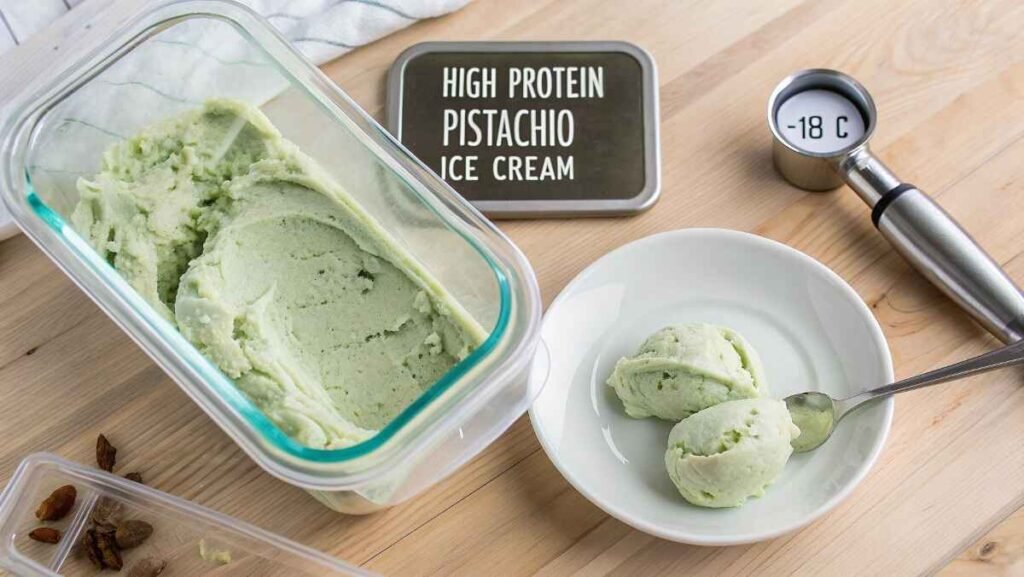 Ultra close-up shot of high-protein pistachio ice cream with storage tips displayed in a consistent kitchen.