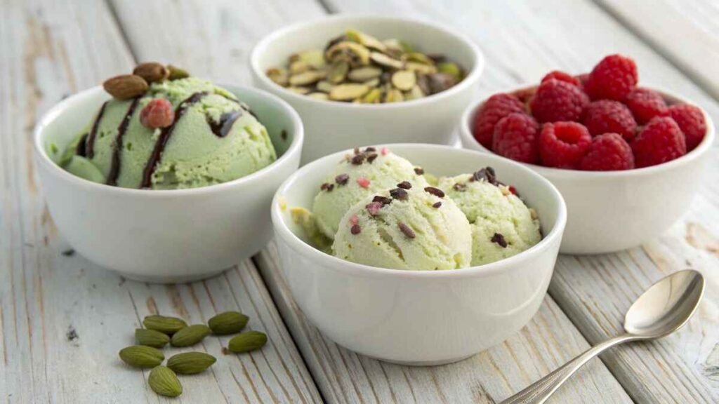 Ultra close-up shot of high-protein pistachio ice cream paired with serving ideas in a cozy kitchen.