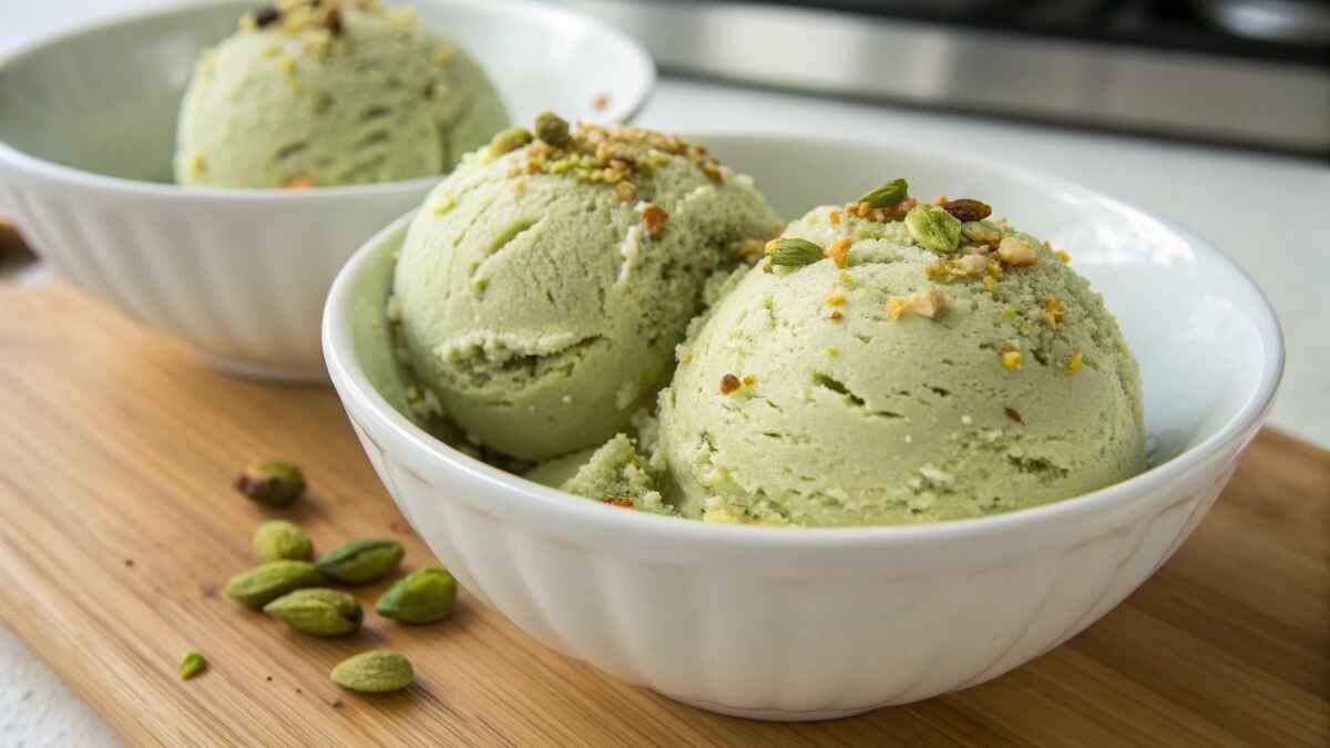 Ultra close-up shot of high-protein pistachio ice cream in a warm, consistent kitchen.