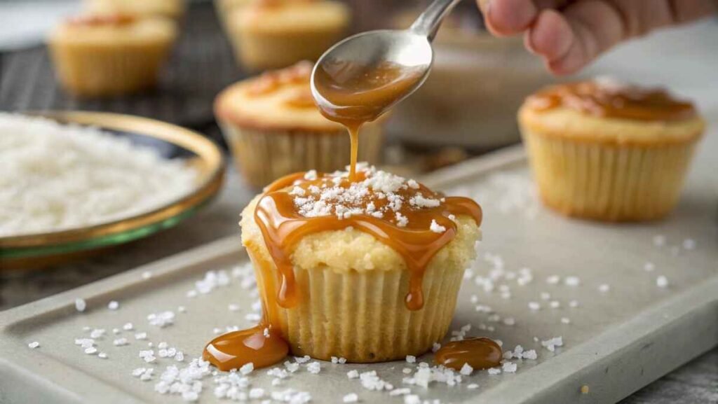Decorated salted caramel cupcakes with various toppings and elegant presentation