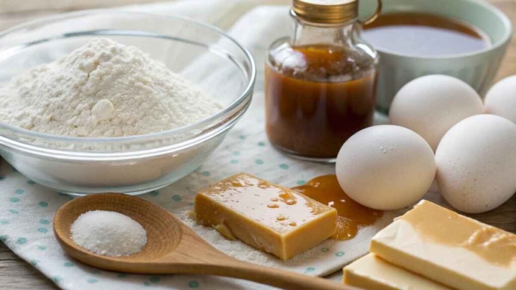 Baking ingredients for salted caramel cupcakes displayed on countertop