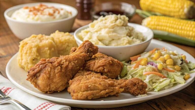 A plate of crispy Golden Corral chicken with a golden, crunchy exterior served with sides of mashed potatoes, corn, and a crisp salad.
