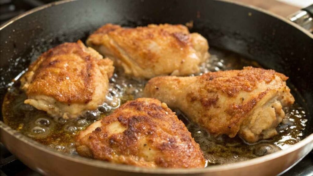 Frying Golden Corral chicken pieces in a skillet with hot oil, ensuring they become golden and crispy on the outside while tender inside.