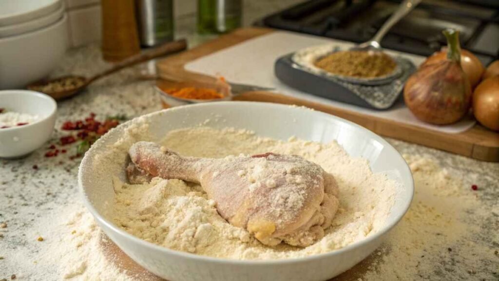 Coating bone-in chicken with seasoned flour mix to prepare for frying, showcasing the crispy coating for Golden Corral chicken.